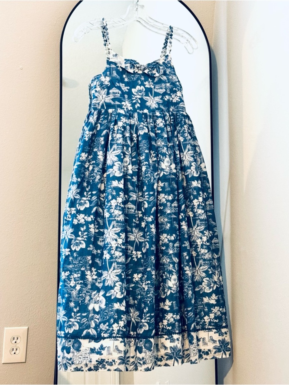 Girls Coastal Chic Cottagecore Blue Toile Floral Cotton Sundress - Preppy, Sz 10